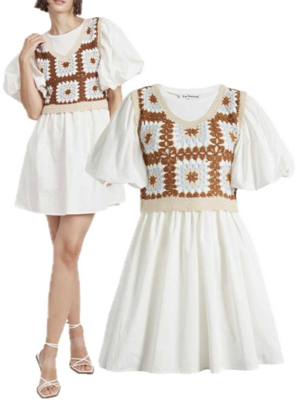 En Saison Evie Cotton Crochet Overlay Puff-Sleeve A-Line Mini Dress (Off White)